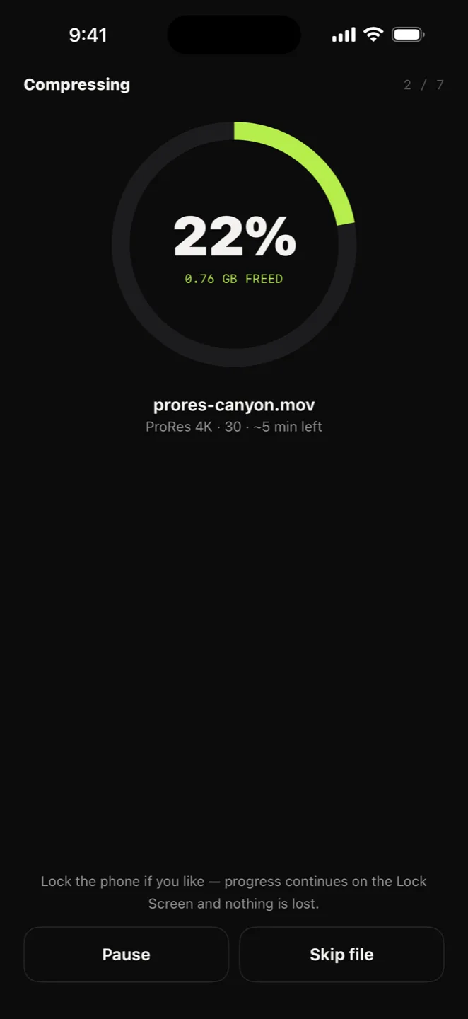The Compressing screen: a progress ring at 22 percent, batch counter 2 of 7, 0.76 GB freed so far, and about 5 minutes left.