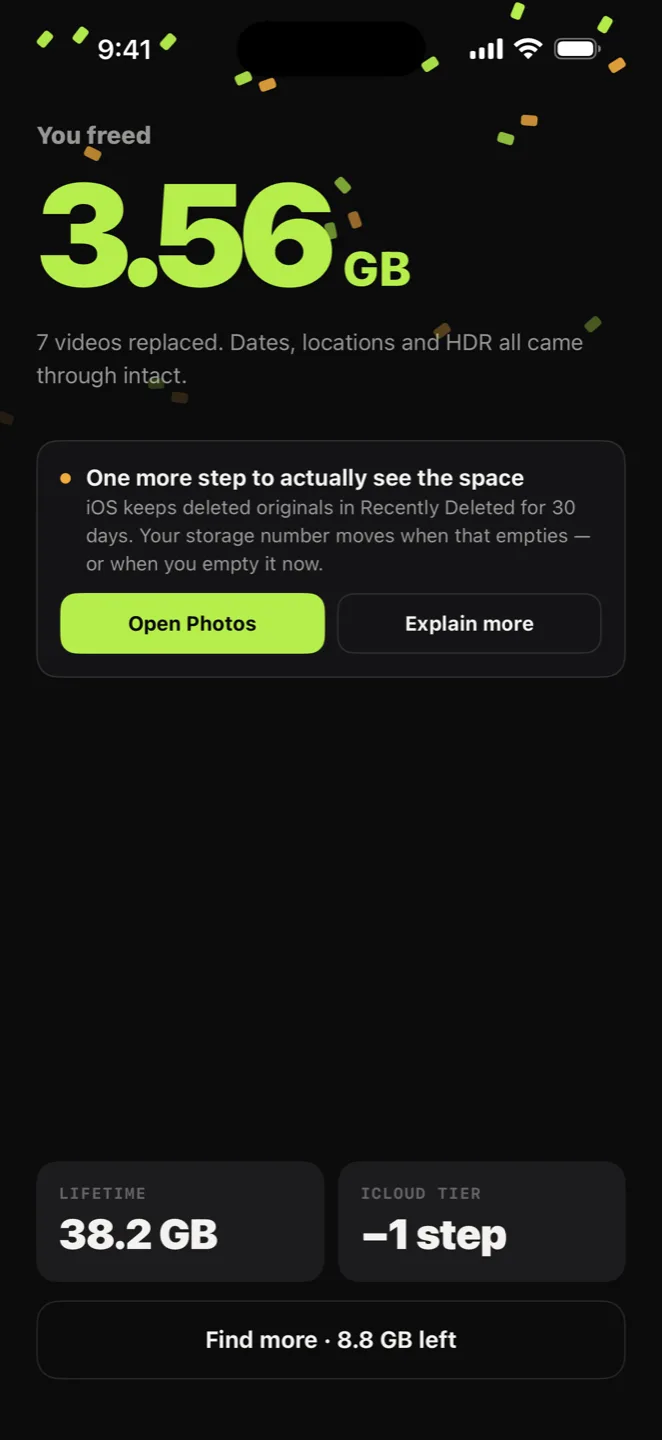 The Done screen: you freed 3.56 GB, seven videos replaced with dates, locations and HDR intact, a lifetime total of 38.2 GB, and iCloud tier down one step.