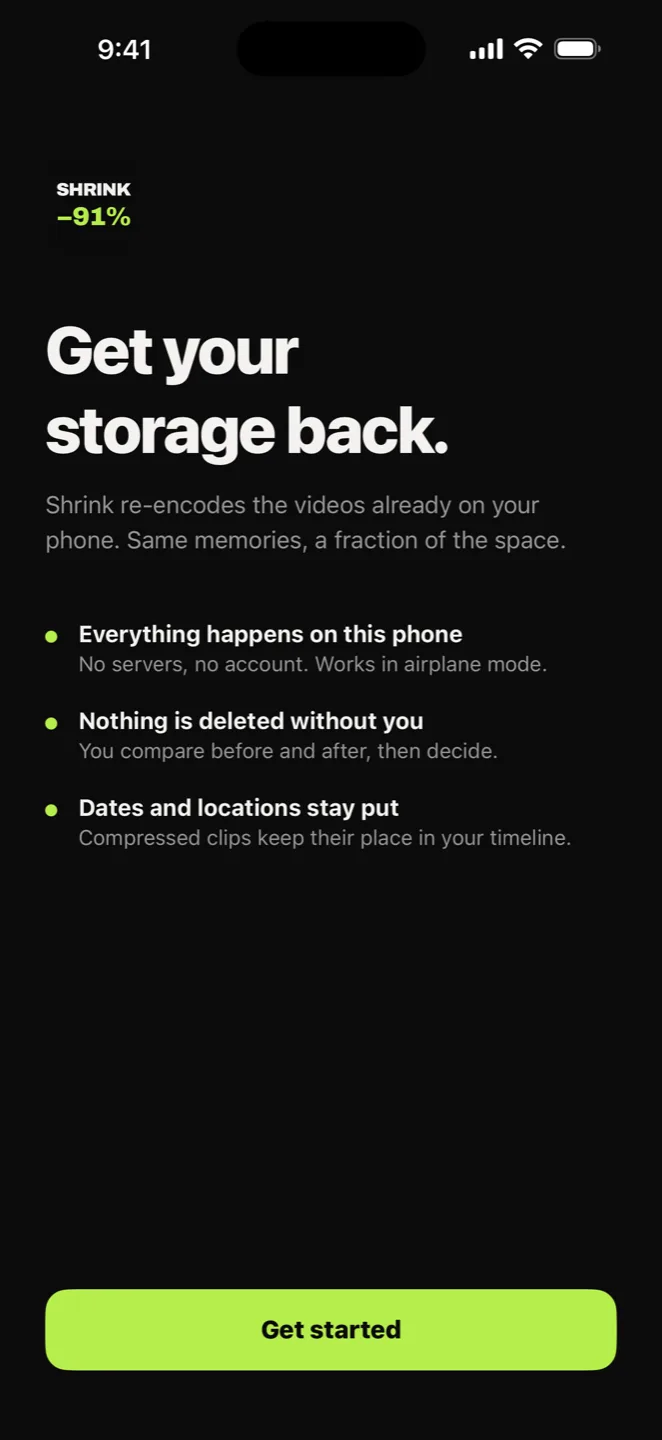 The first-run screen: everything happens on this phone, no servers, no account, works in airplane mode; nothing is deleted without you; dates and locations stay put.